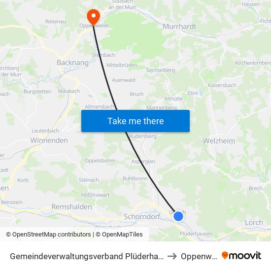 Gemeindeverwaltungsverband Plüderhausen-Urbach to Oppenweiler map