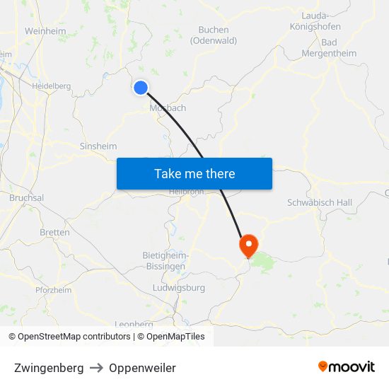 Zwingenberg to Oppenweiler map