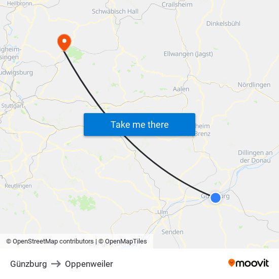 Günzburg to Oppenweiler map