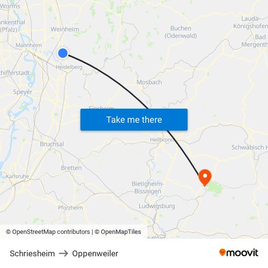 Schriesheim to Oppenweiler map