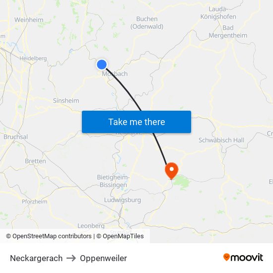 Neckargerach to Oppenweiler map