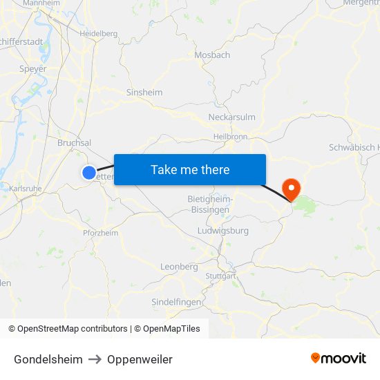 Gondelsheim to Oppenweiler map