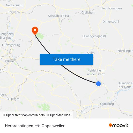 Herbrechtingen to Oppenweiler map