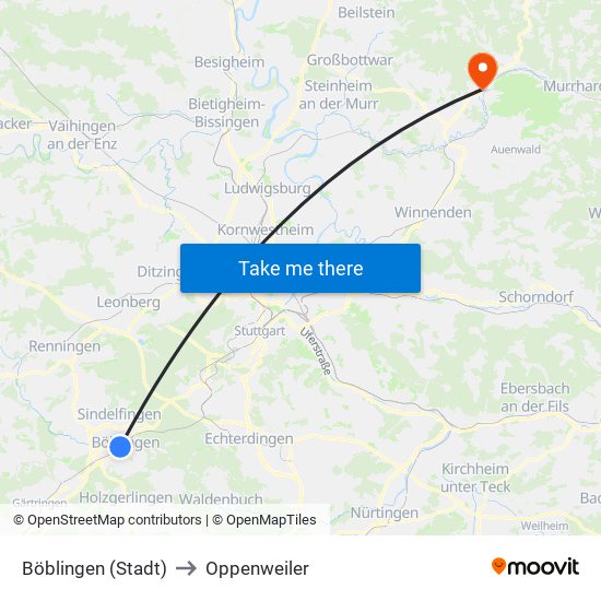 Böblingen (Stadt) to Oppenweiler map