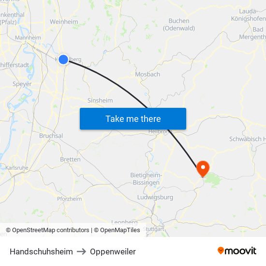 Handschuhsheim to Oppenweiler map