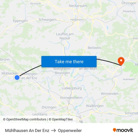 Mühlhausen An Der Enz to Oppenweiler map