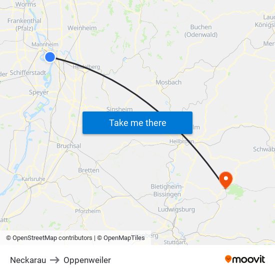 Neckarau to Oppenweiler map