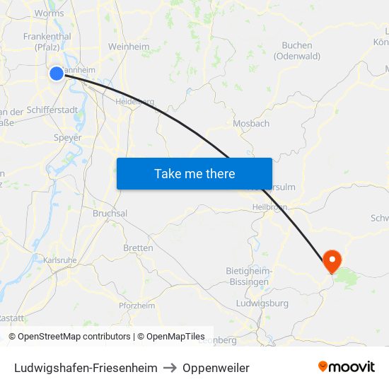 Ludwigshafen-Friesenheim to Oppenweiler map