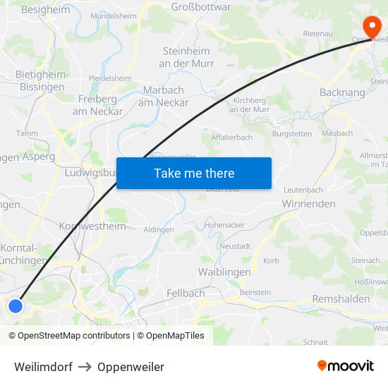 Weilimdorf to Oppenweiler map