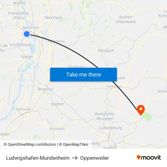 Ludwigshafen-Mundenheim to Oppenweiler map