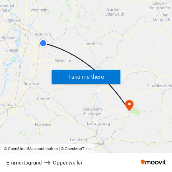 Emmertsgrund to Oppenweiler map