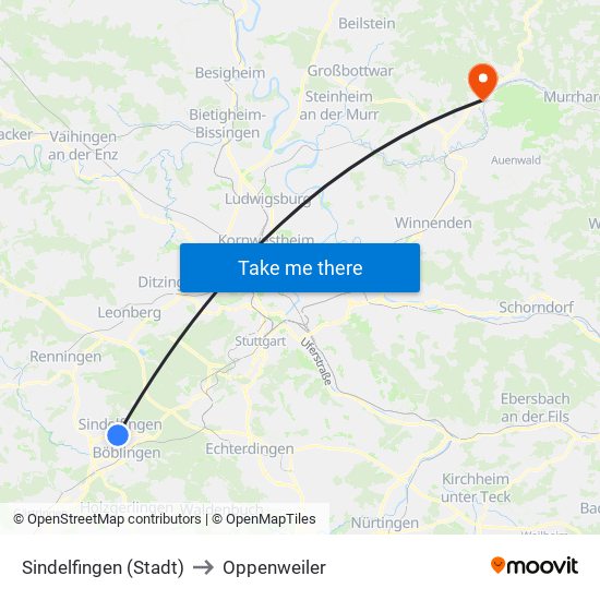 Sindelfingen (Stadt) to Oppenweiler map