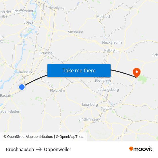 Bruchhausen to Oppenweiler map