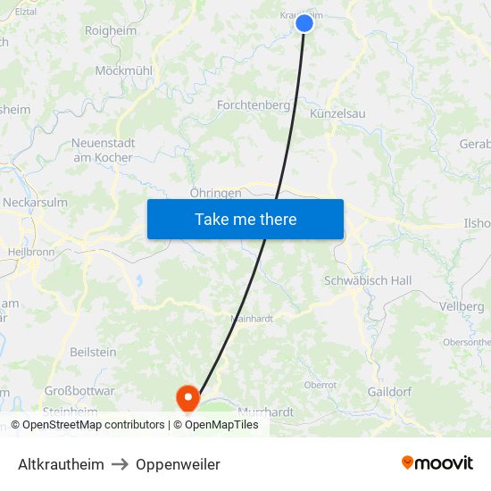 Altkrautheim to Oppenweiler map