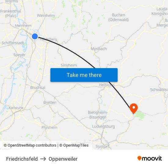 Friedrichsfeld to Oppenweiler map