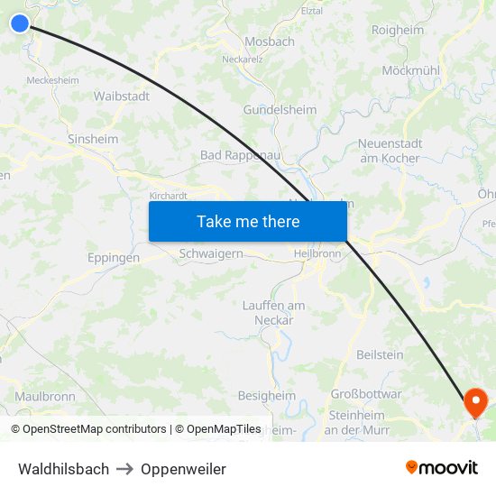 Waldhilsbach to Oppenweiler map