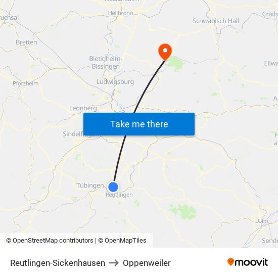 Reutlingen-Sickenhausen to Oppenweiler map