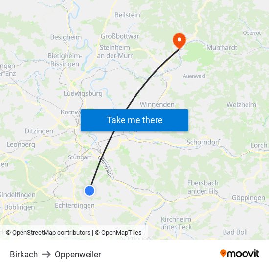 Birkach to Oppenweiler map