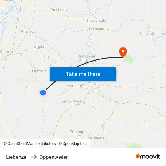 Liebenzell to Oppenweiler map