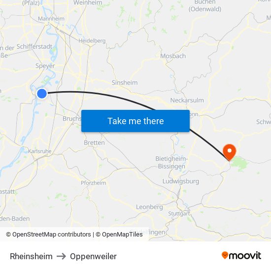 Rheinsheim to Oppenweiler map