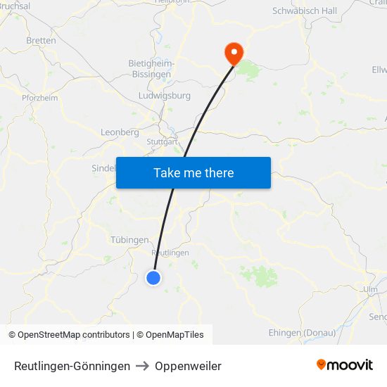 Reutlingen-Gönningen to Oppenweiler map