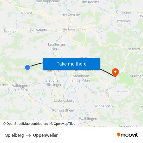 Spielberg to Oppenweiler map