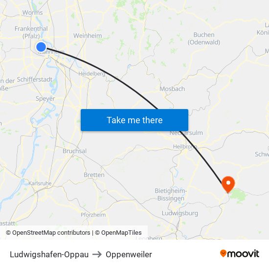 Ludwigshafen-Oppau to Oppenweiler map