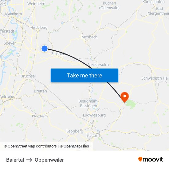 Baiertal to Oppenweiler map