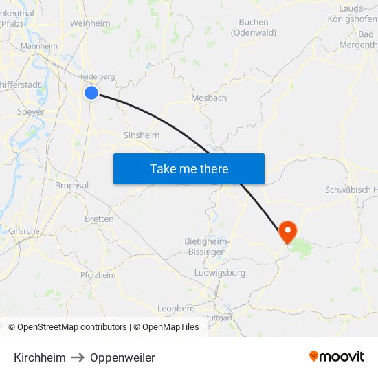 Kirchheim to Oppenweiler map