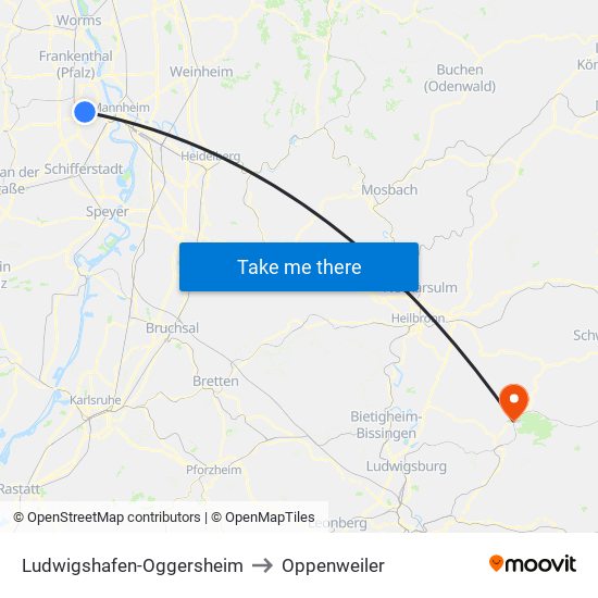 Ludwigshafen-Oggersheim to Oppenweiler map