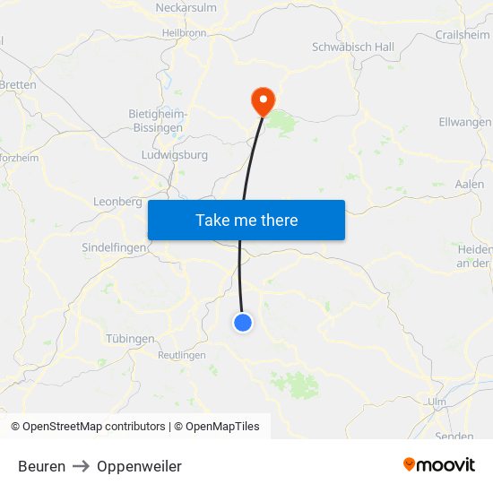 Beuren to Oppenweiler map