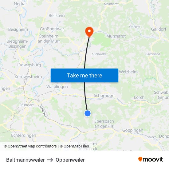 Baltmannsweiler to Oppenweiler map
