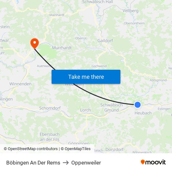 Böbingen An Der Rems to Oppenweiler map