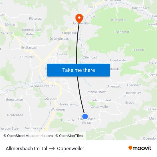 Allmersbach Im Tal to Oppenweiler map