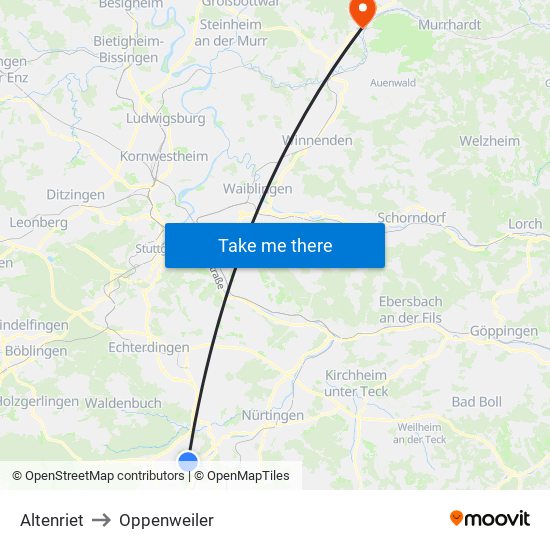 Altenriet to Oppenweiler map