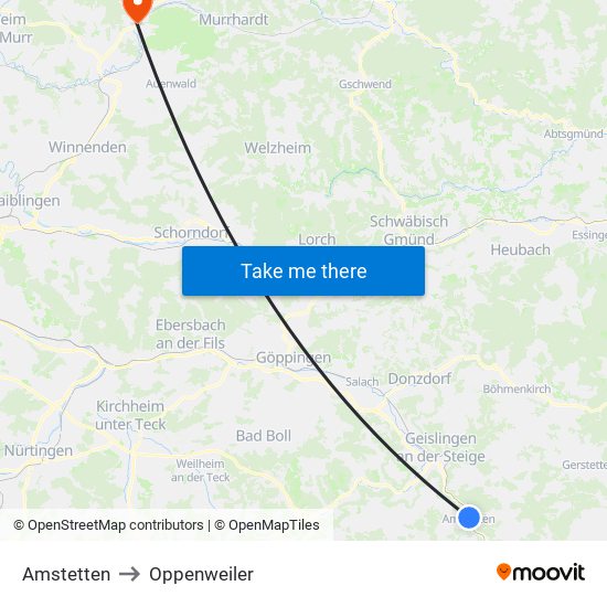 Amstetten to Oppenweiler map