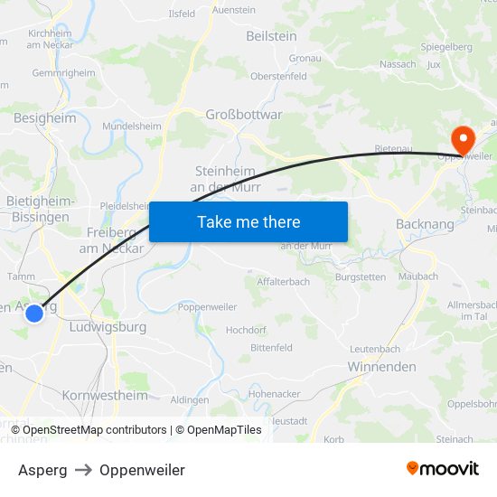 Asperg to Oppenweiler map