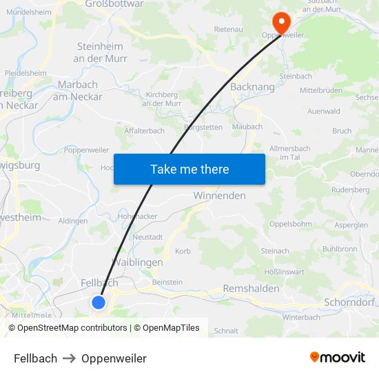Fellbach to Oppenweiler map