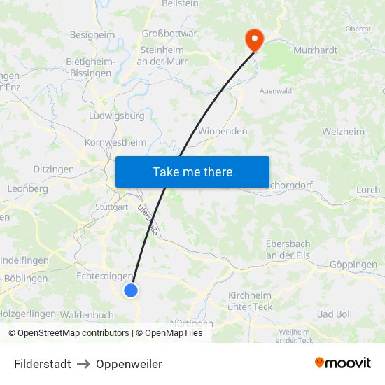 Filderstadt to Oppenweiler map