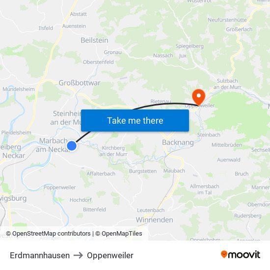 Erdmannhausen to Oppenweiler map