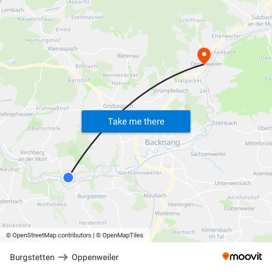 Burgstetten to Oppenweiler map