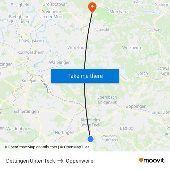 Dettingen Unter Teck to Oppenweiler map