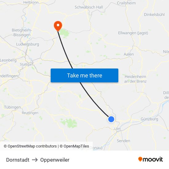 Dornstadt to Oppenweiler map