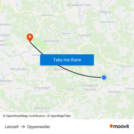Leinzell to Oppenweiler map