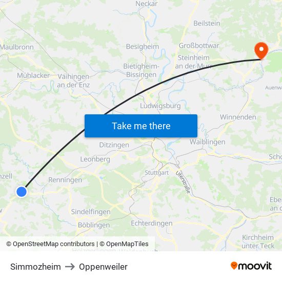 Simmozheim to Oppenweiler map