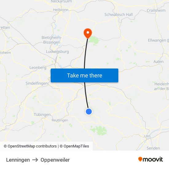 Lenningen to Oppenweiler map