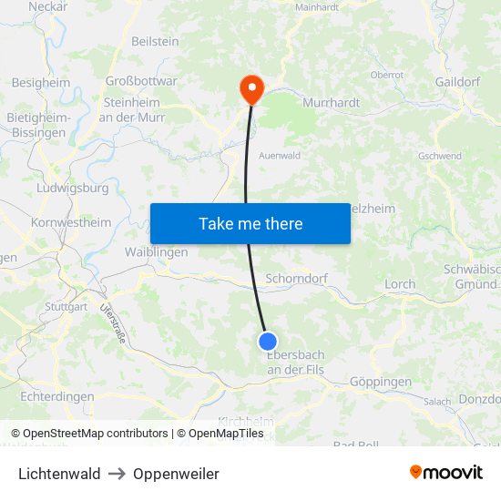 Lichtenwald to Oppenweiler map