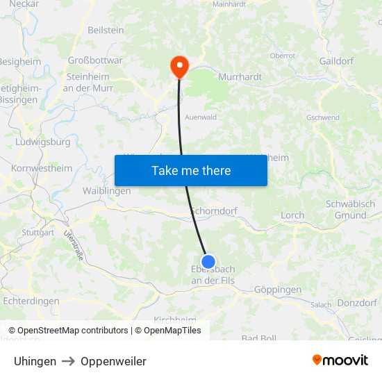 Uhingen to Oppenweiler map