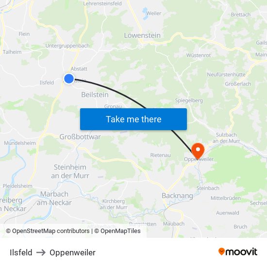 Ilsfeld to Oppenweiler map