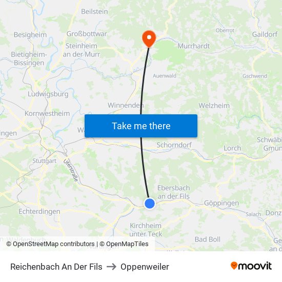 Reichenbach An Der Fils to Oppenweiler map